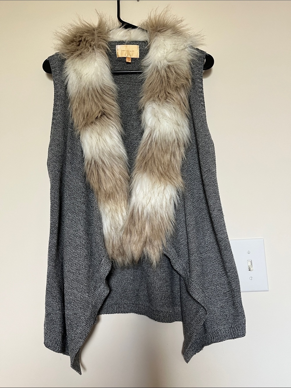 Skies Are Blue Gray Knit Vest with Faux Fur Trim